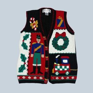 Spice of Life Vintage Christmas Sweater Vest Nutcracker Train Wreath Black M